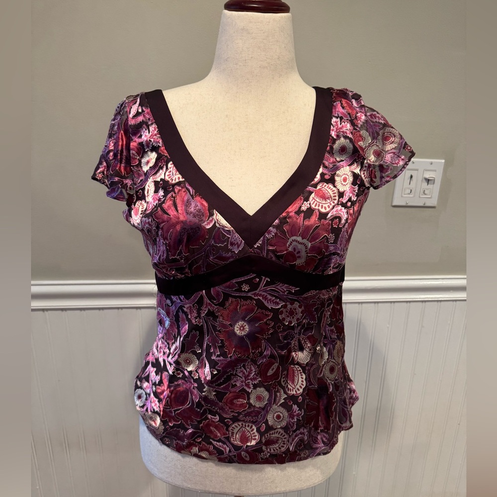 LOFT Burgundy and purple Floral V-Neck Blouse
